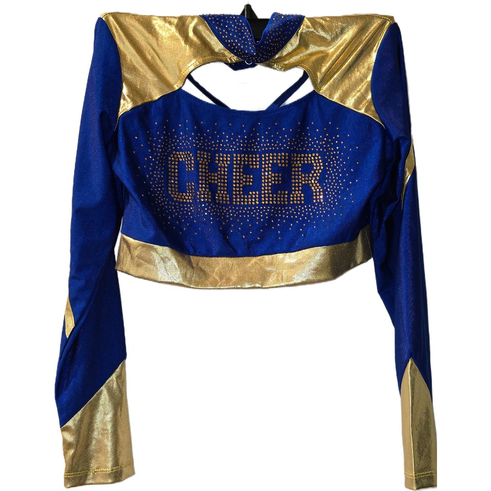 IEFIEL Girls Blue Gold Rhinestone Cheer Crop Top Long Sleeve Size 12 Performance